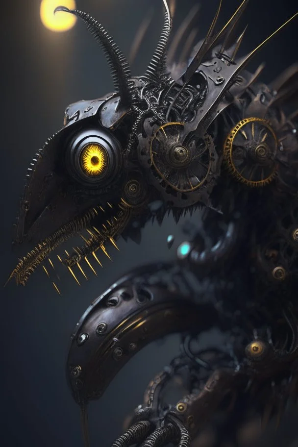 Mechanism creature,hyperrealism, masterpiece, expert, 8K, dramatic lighting, sharp focus, dark, black, steampunk