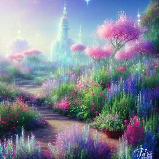 one big crystal subtle flower garden blue and pink in a galactic ambiance delicate colors, bin the foreground, full of details, smooth，soft light atmosphere, light effect，vaporwave colorful, concept art, smooth, extremely sharp, full body shot, masterpiece, best quality, blue skinned, sparkling eyes, fluorescent skin,blue eyes,sparkling makeup, long blond hair, fairy style , highly detailed body, sun light, 4K, RAW, depth of field,high contrast,realistic de