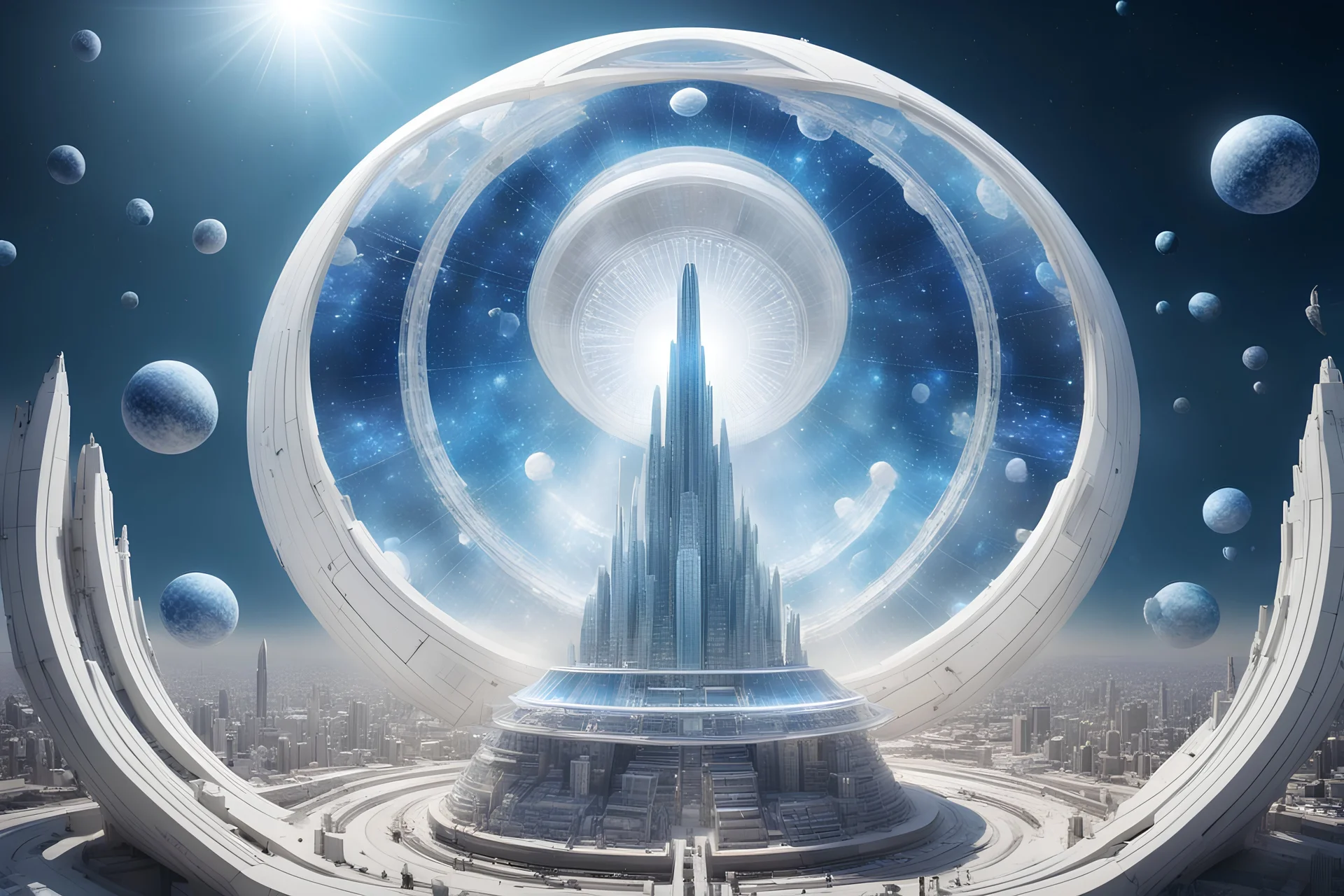 great hight spirale cosmic city extraterrestre white futuriste, great and blue facette cristal dome, vaisseaux spatiaux, 4k, hyperréaliste, cosmic srars sky, great civilisation, beautifull, spiritual inspiration,