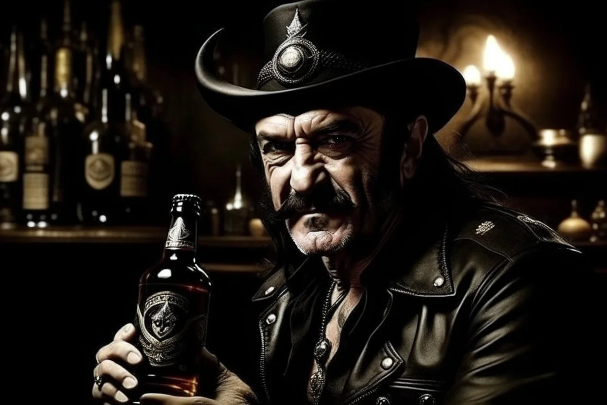 Crée un image en mode cartoon. Lemmy kilmister boit une bière en enfer avec le diable