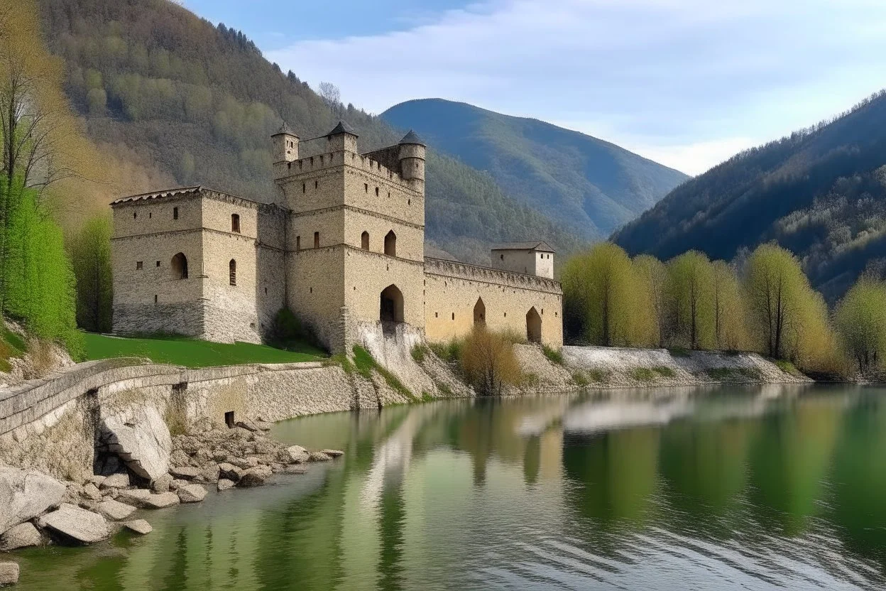 fortress beside a river in the mountains