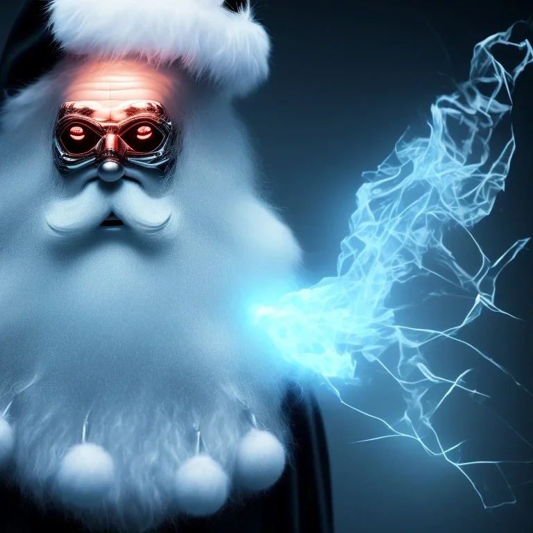 All Black Santa, ghost, wearing high tech mask, white smoke, dark, rage, high definition, ultra 8 k, volumetric lighting, blue fire,