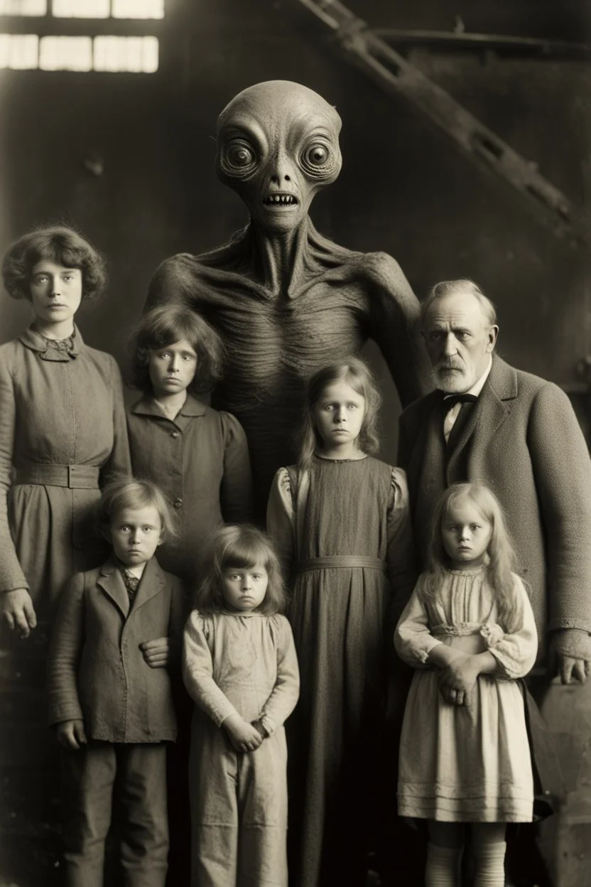 1900's black and white vintage photo, interior, teeth factory warehouse, unhappy stange long grey alien human hybrid creature with a family that is sad, captured on square format film, grainy, aged