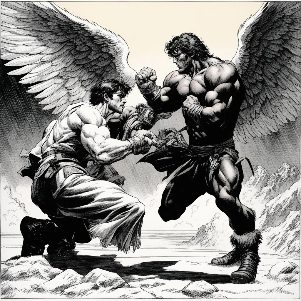 [comic book art by Sam Keith and Bernie Wrightson] Jacob wrestling with angel