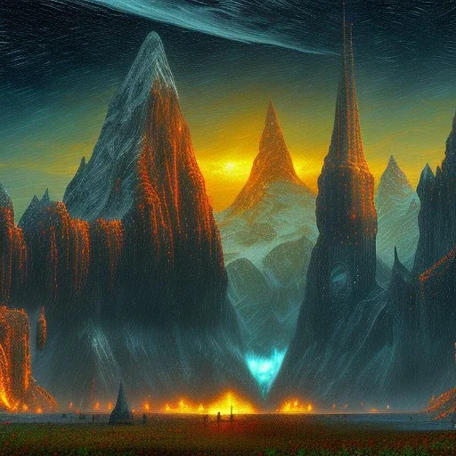 Epic Drawing of mordor scenery with Orcs estilo Van Gogh 4k