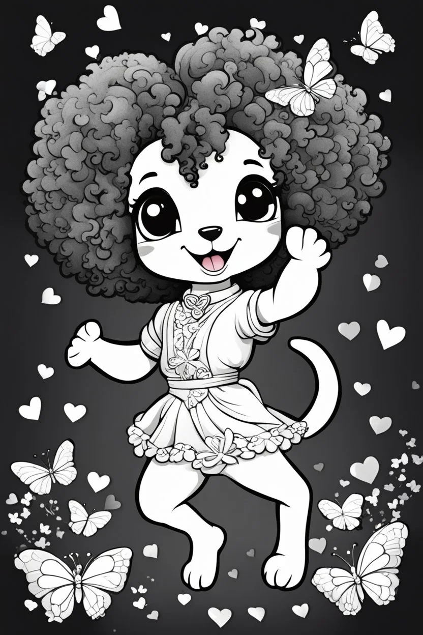 create a coloring page of a chibi puppy with a curly afro ponytails dancing around hearts and butterflies. she smiles while shes playing , black and white