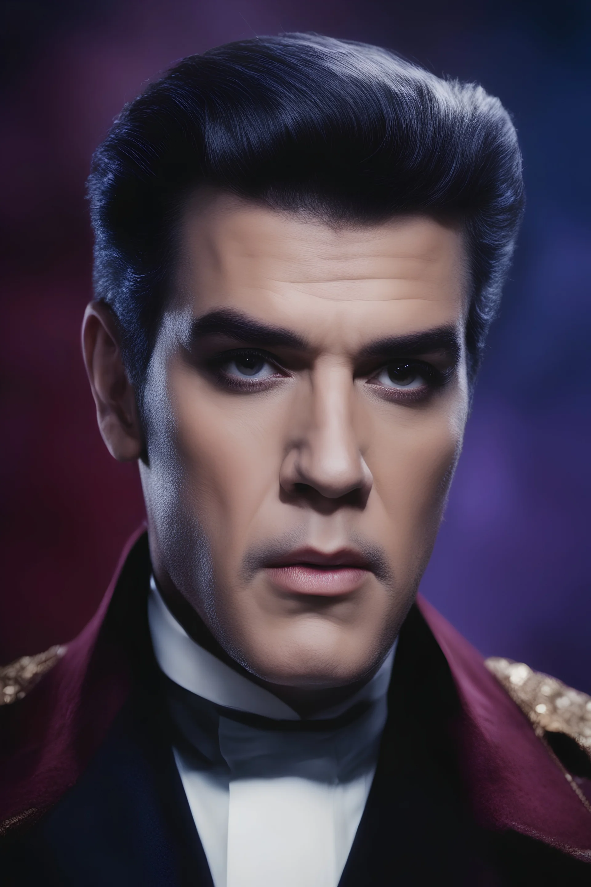 facial portrait - Elvis Karloff - 32k, UHD, 1080p, 8 x 10, glossy professional quality digital photograph - dark blue and dark red, and light maroon and purple and foggy black gradated background, historic, powerful, octane rendering, exquisite detail, 30 - megapixel, 4k, 85 - mm - lens, sharp - focus, intricately - detailed, long exposure time, f8, ISO 100, shutter - speed 1125, diffuse - back - lighting, ((skin details, high detailed skin texture)), (((perfect face))),