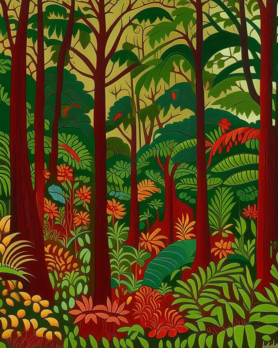 A dark brown rainforest with chili pepper trees designed in Indian Gond art painted by Paul Ranson