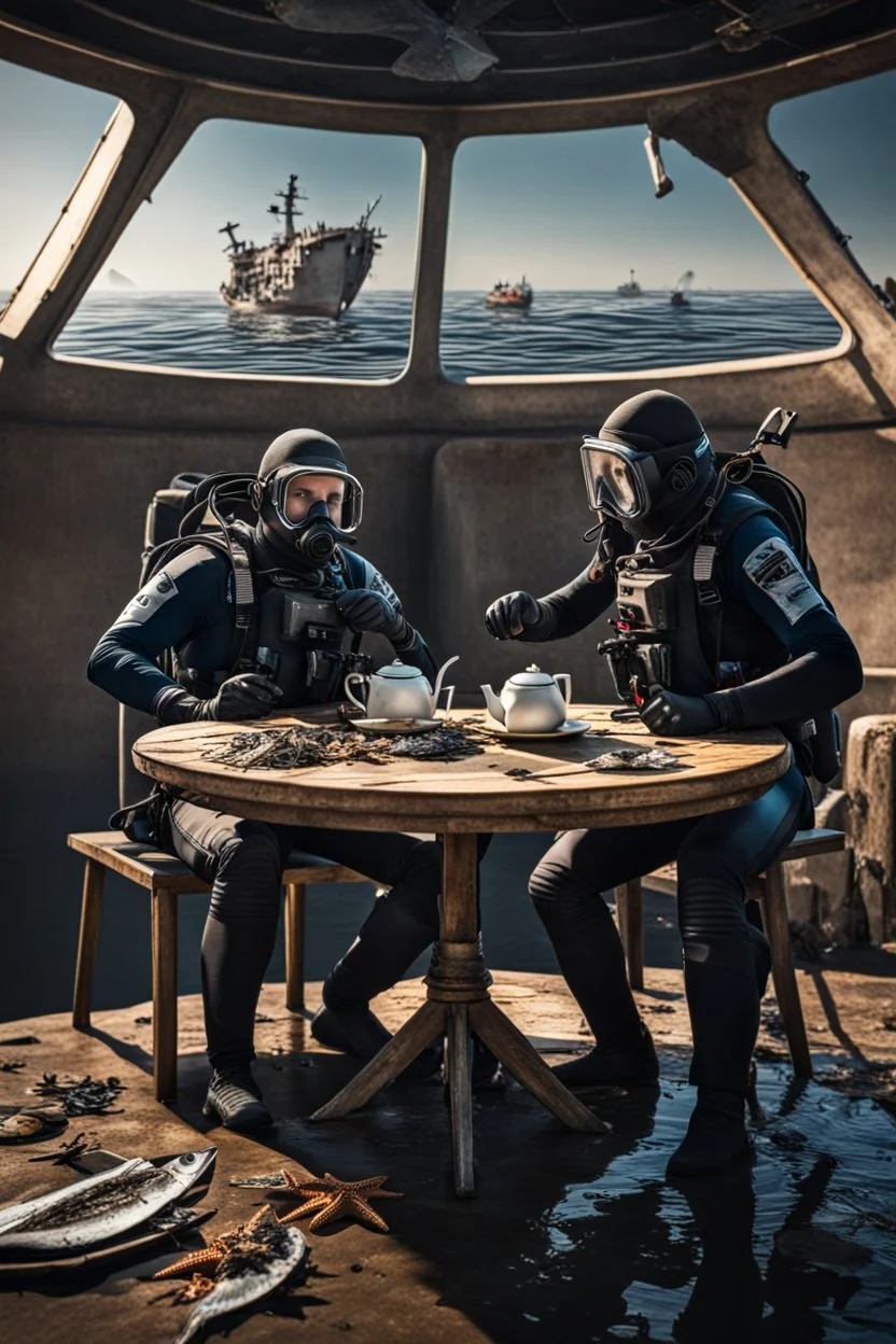 2 divers in full gear sitting at a round table having tea, the table is in the middle of a dried out sea, around them are shattered dead fish, dead starfish, ship reck, 8 k realistic