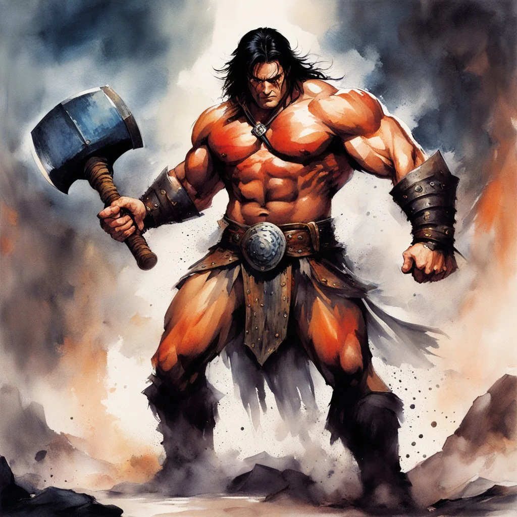 Aquarelle: Conan, mighty and fierce, grips his gigantic hammer, His hands firmly locked, ready to unleash its power. Strength and determination emanate from his stance, A force to be reckoned with, ready for the battle's dance.battles, and with his warhammer held ready, he is prepared to unleash his wrath upon any who dare to challenge him.