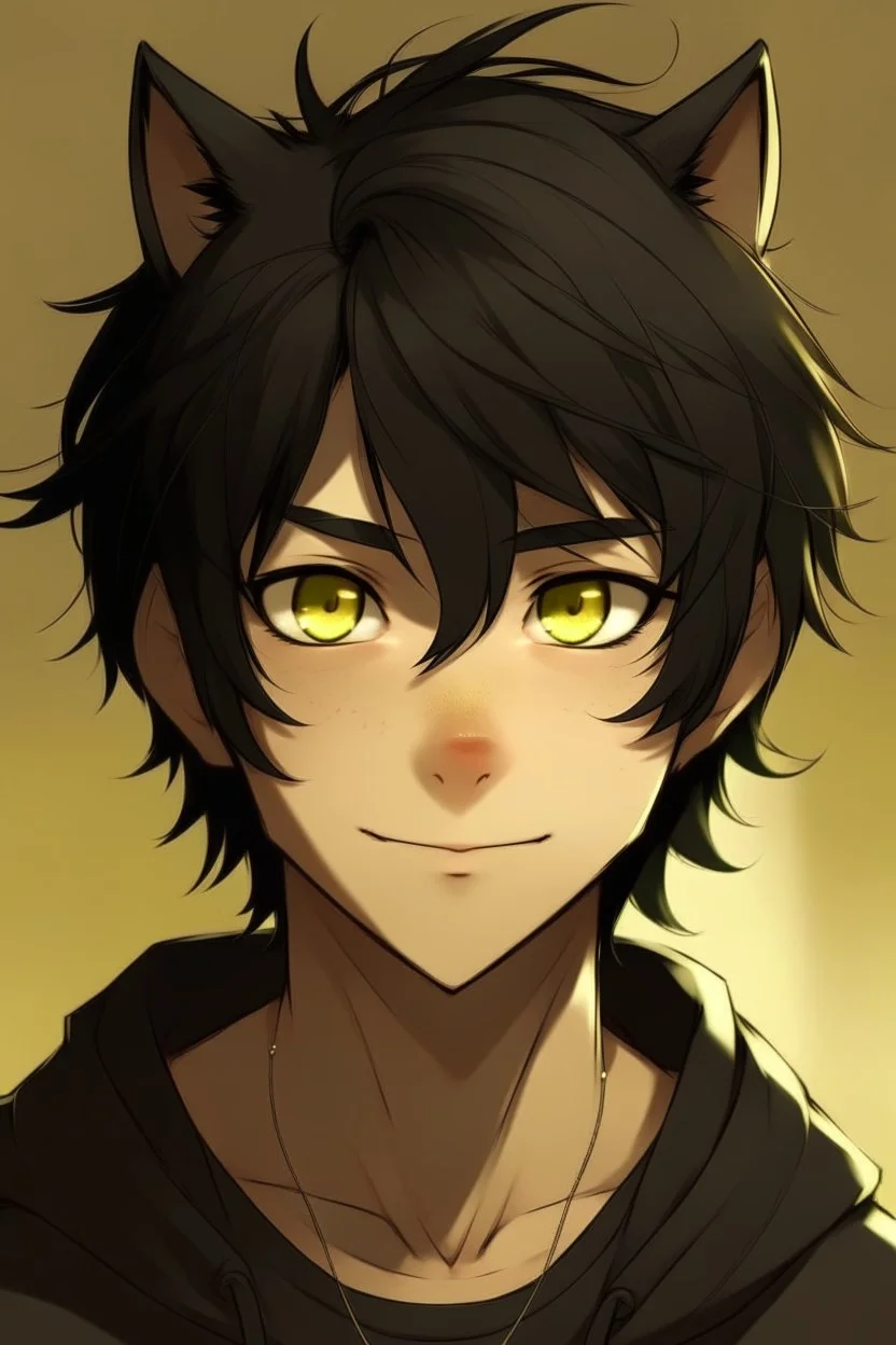 At teen male with messy black hair, gold eyes, black cat ears, slight smile