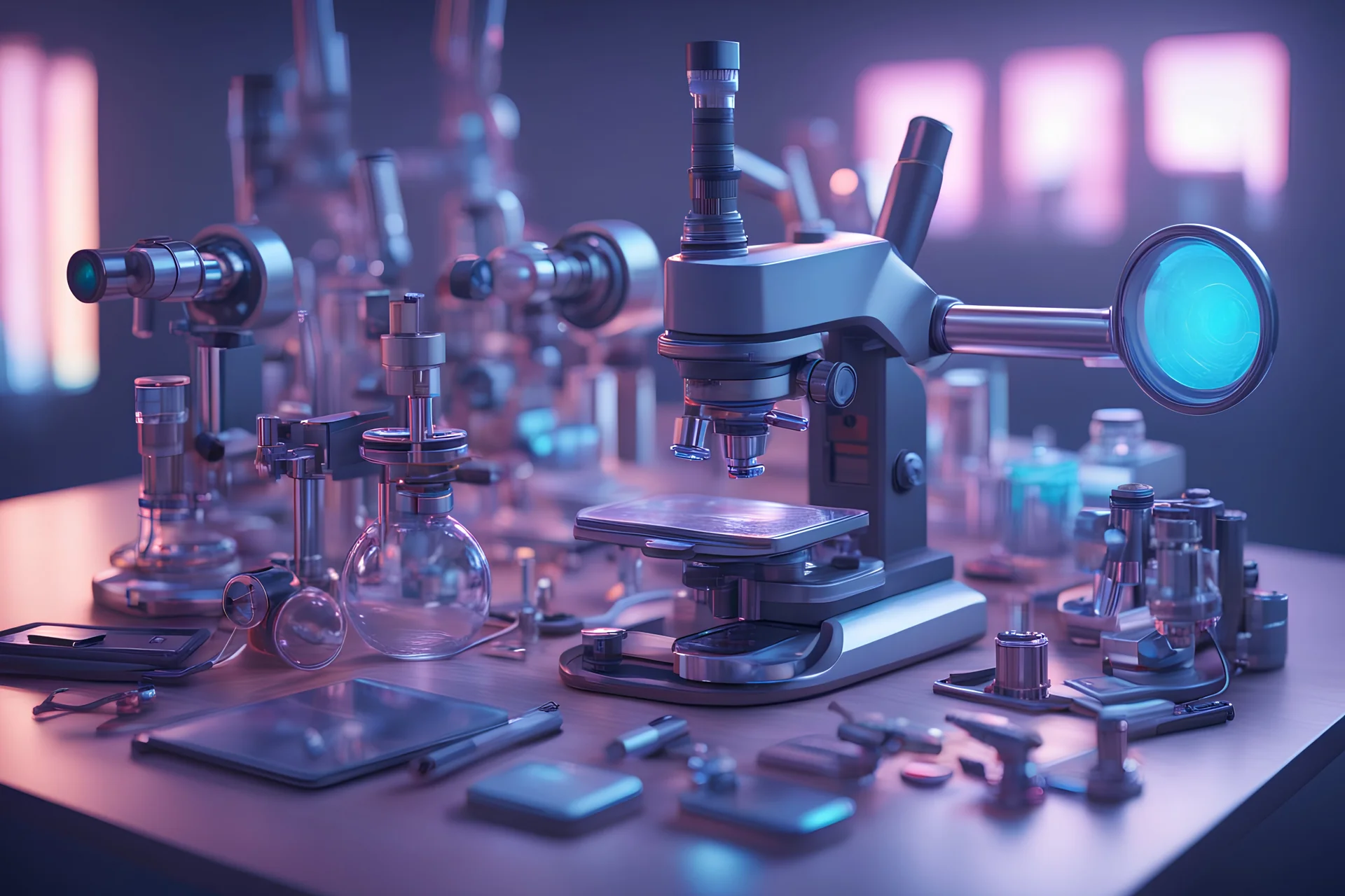 futuristic microscope and other laboraory gadgets on a bench , 16k, 3d rendering, expressively detailed, futuristic, cyberpunk, dynamic light, expressive lighting, neon lighting,