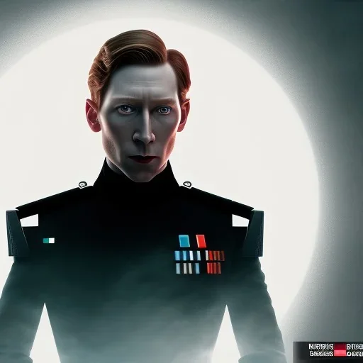 portrait, general hux, wearing a black First Order uniform, serious, imposing figure, thick eyebrows, 8k, digital art, red light coming from the left and blue light coming from the right cinematic lighting, wearing a black First Order uniform, green eyes