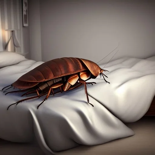 large, humanoid cockroach in bed under bedsheet, 8k resolution, high-quality, fine-detail, intricate, detailed matte, digital art, volumetric lighting, illustration, 3D octane render, brian froud, howard lyon, selina french, anna dittmann, annie stokes, lisa parker, greg rutowski