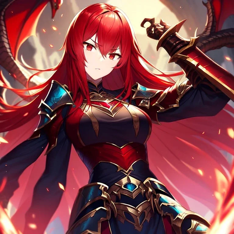 girl, masterpiece, best quality, volumetric lighting, detailed outfit, perfect eyes, long hair, red hair, red eyes, dragon girl, armored clothes, angry, looking down,