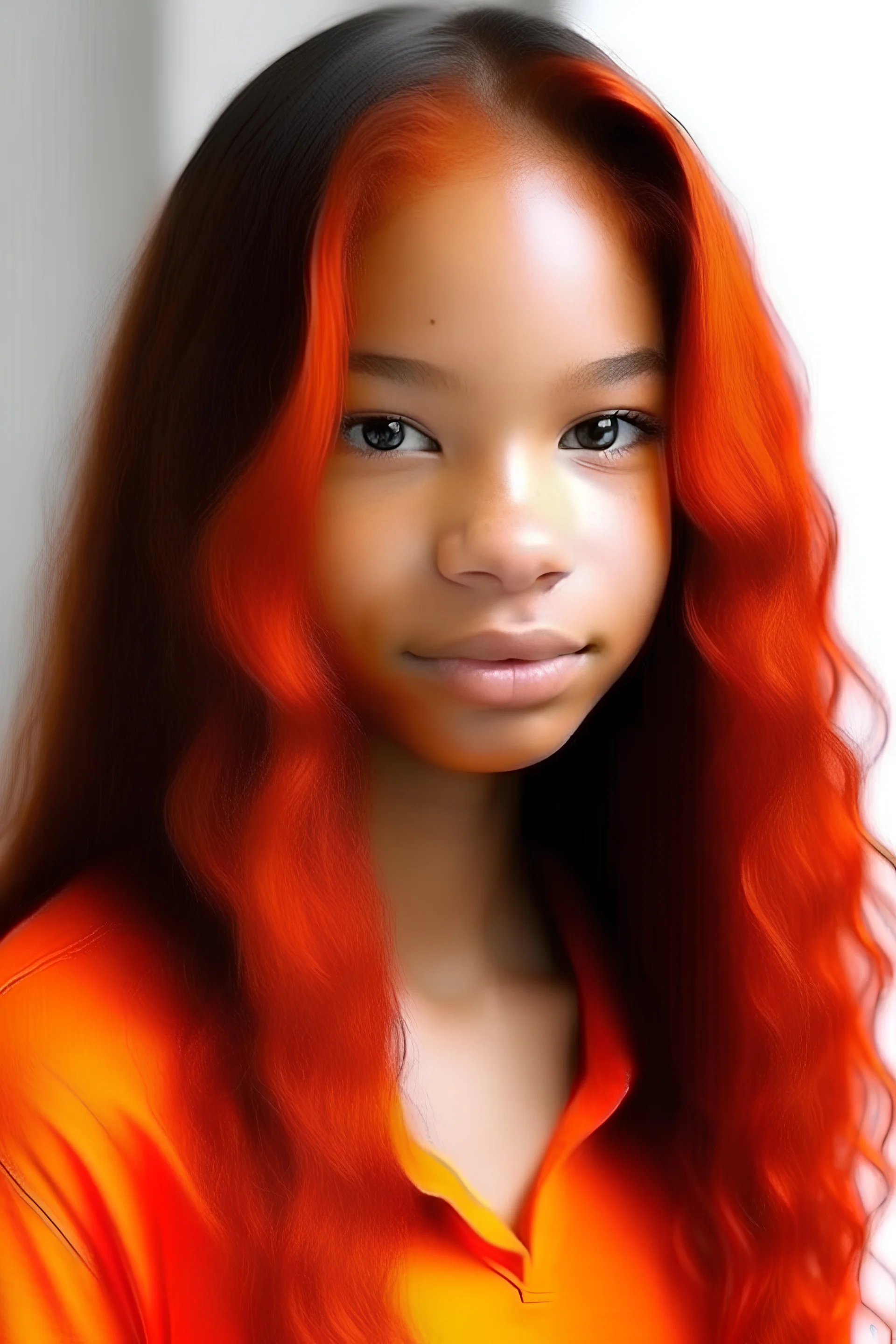 Light skin teen with straightened hair that is reddish orange