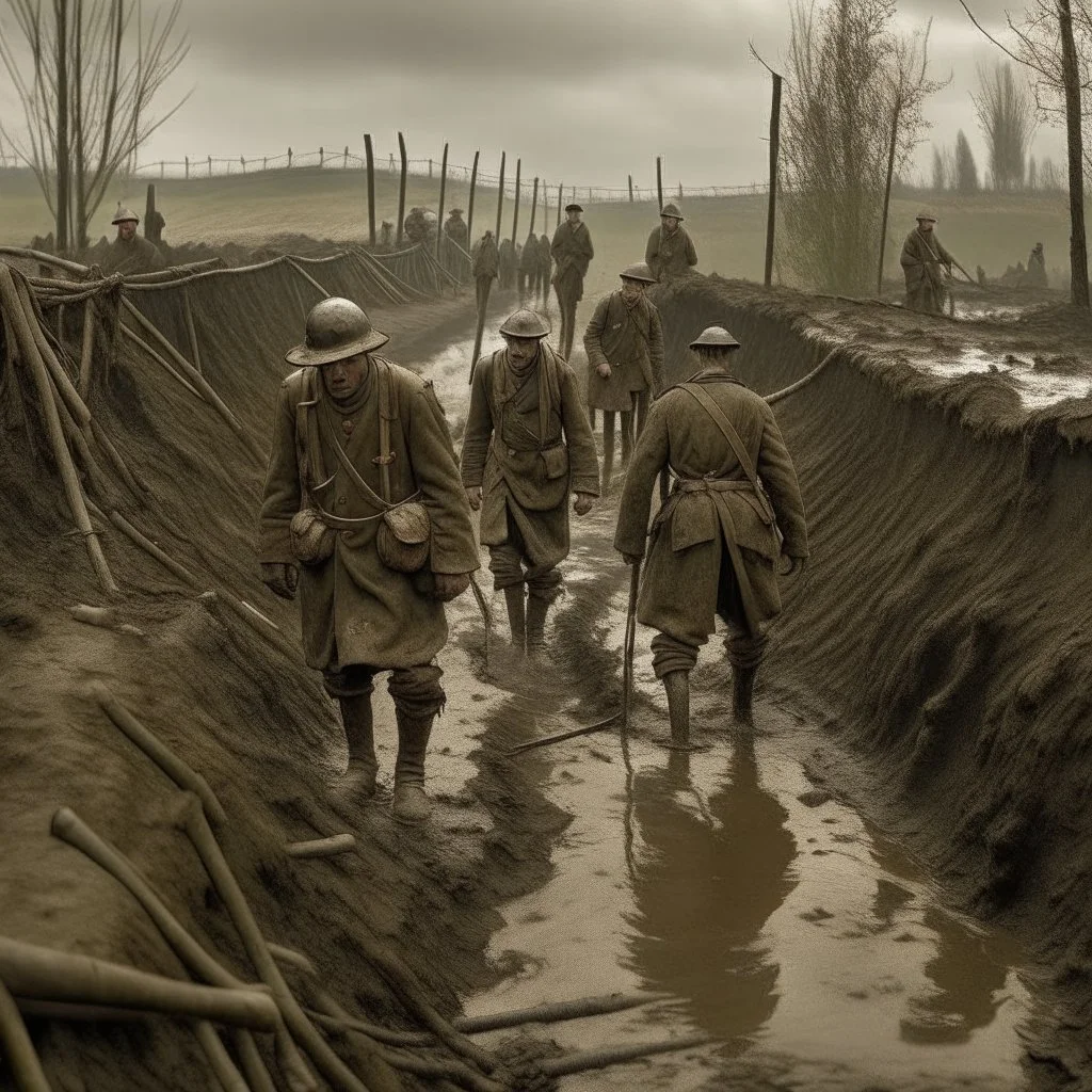 A photorealistic portrayal of life on the Western Front during World War I. The scene captures the harsh reality of war as soldiers navigate the trenches amidst the muddy and grimy conditions. The soldiers wear tattered uniforms and carry their weapons, reflecting the weariness and determination etched on their faces. The landscape is scarred by the ravages of war, with barbed wire fences and shell craters scattered throughout. The camera lens used is a telephoto lens, capturing the poignant mom