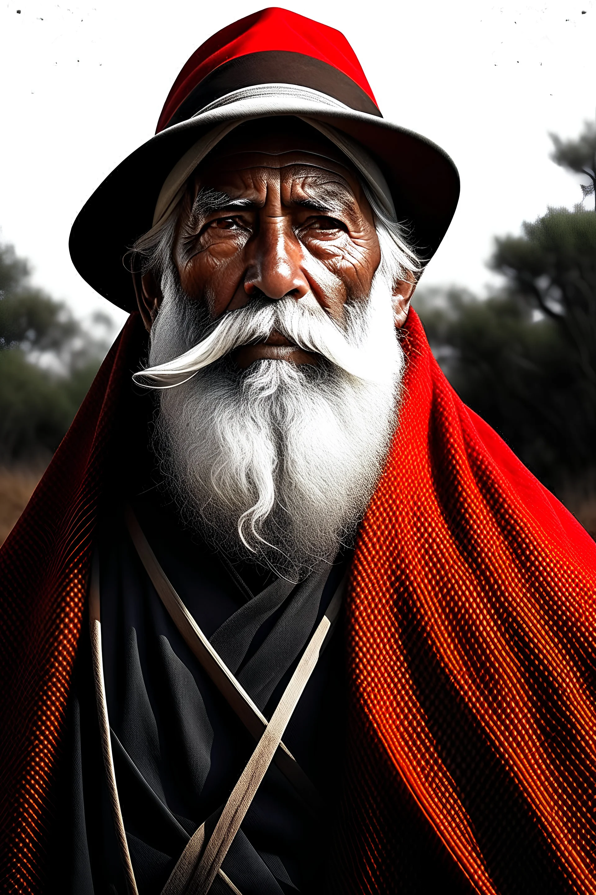 Digital art, high quality, digital masterpiece, natural illumination, Colorful, Comicbook style, epic film style, (upper body:1), (1 tan man with white beard dressed with a peruvian poncho and a peruvian chullo, riding a horse:3), (Red and Black peruvian poncho:1.5), (red peruvian poncho:1.5),(White beard:1.5), (looking at the right:1.8)
