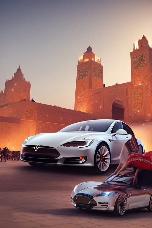 A Tesla's 'Model S Plaid' is performing donuts, in 'Jemaa el-Fnaa', in Marrakesh. CINEMATIC. WIDE ANGLE LENS.