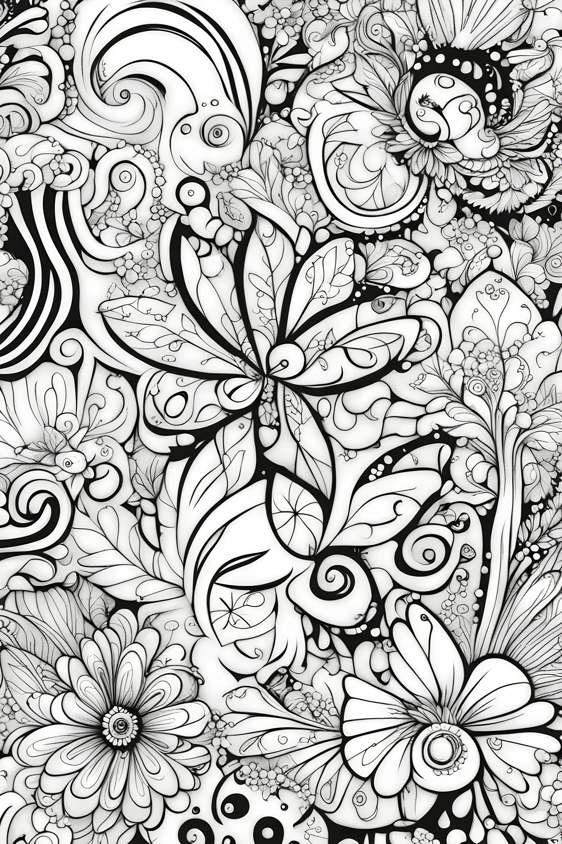 pretty Cute girly feminine cartoonish pattern for coloring pages, use only black and white, clear crisp outlines