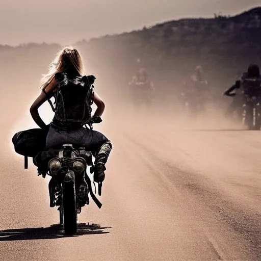 Mad Max style young woman on a motorcycle with water and backpack