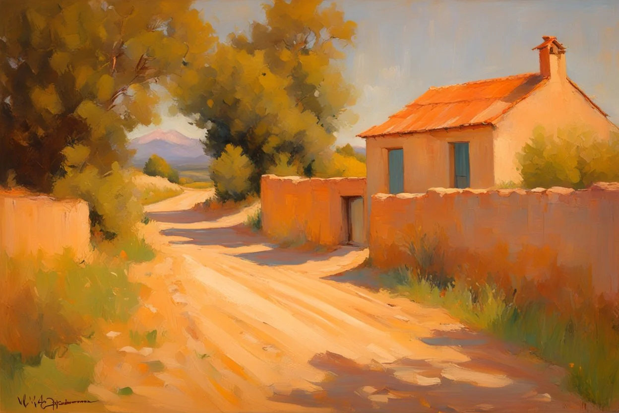 sunny day, mountains, trees, dirt road, countryside, nostalgy influence, adobe house, wilfrid de glehn and rodolphe wytsman impressionism paintings