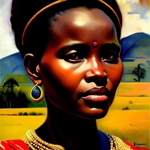 Drawing of 'woman from Tutsi tribe',sweet stare,painting by Earl Norem, simon Bisley,frazetta,西嘛哒, evan lee, Vallejo,kelly,Paul Gauguin oil on canvas, cinematic composition, extreme detail,fit full head inside picture,8k