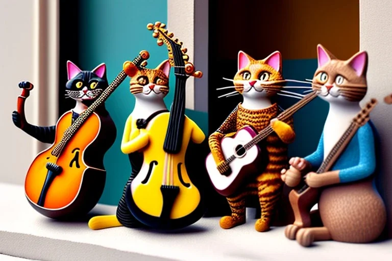 Group of three mature cats musicians, one cat playing guitar, one cat playing drums, one cat holding microphone and singing, singing, street, Vienna, smiling, sunny day, model style, hyper realistic, extremely accurate, delicate, extremely detailed, Graphic novel style, wide-angle, open aperture, superfine pencil