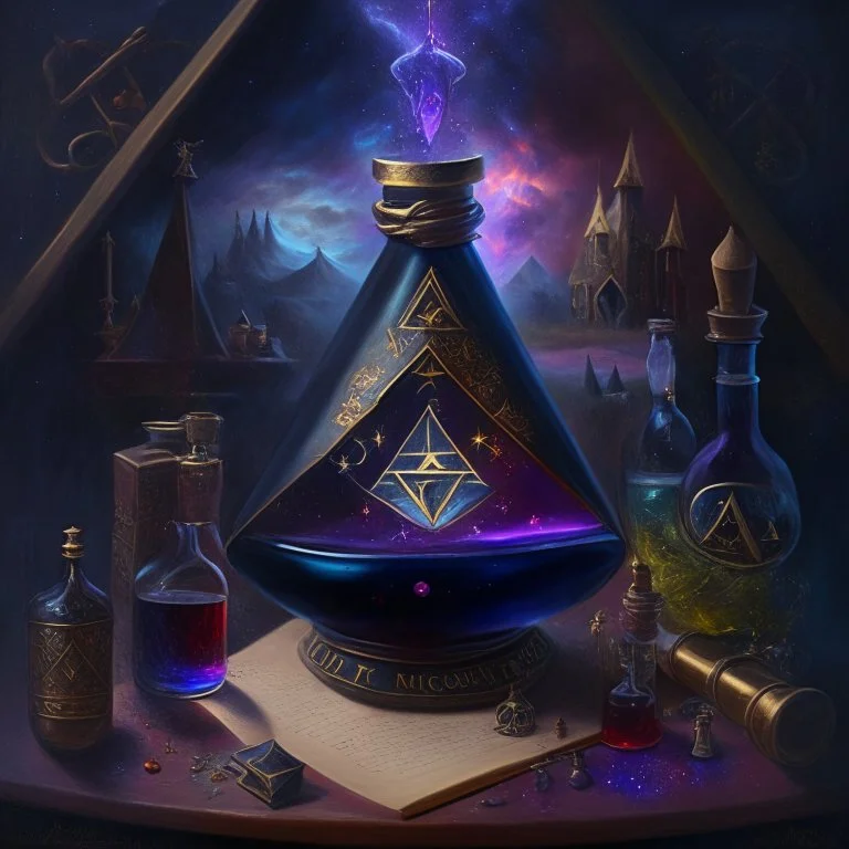 An oil painting of a dark universe masonic potion