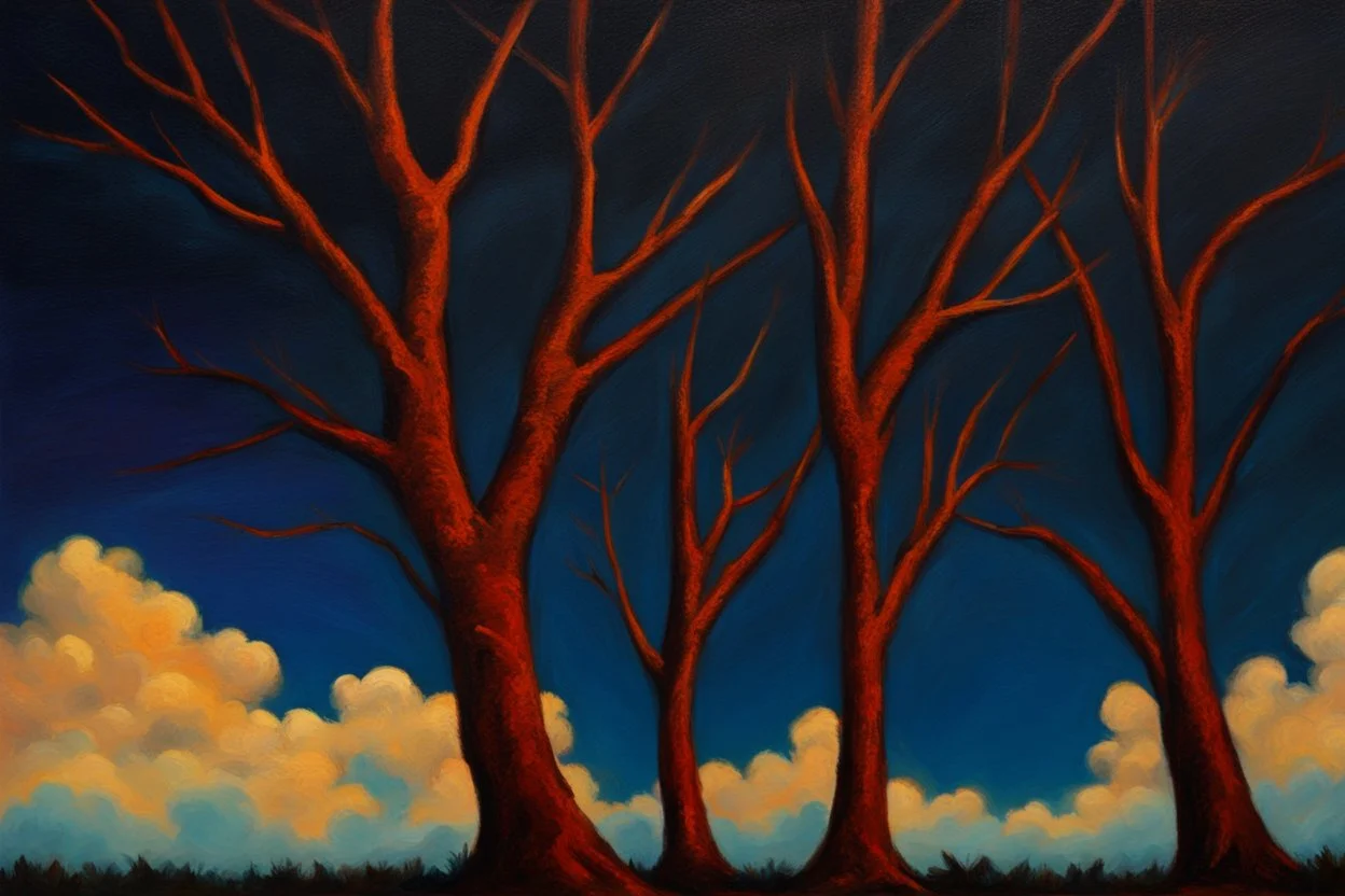 Trees, night, clouds, 2000's sci-fi movies influence, auguste oleffe impressionism painting