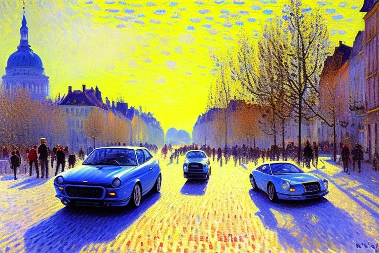 Sunny day, modern contemporary city, modern cars, alfred sisley impressionism painting