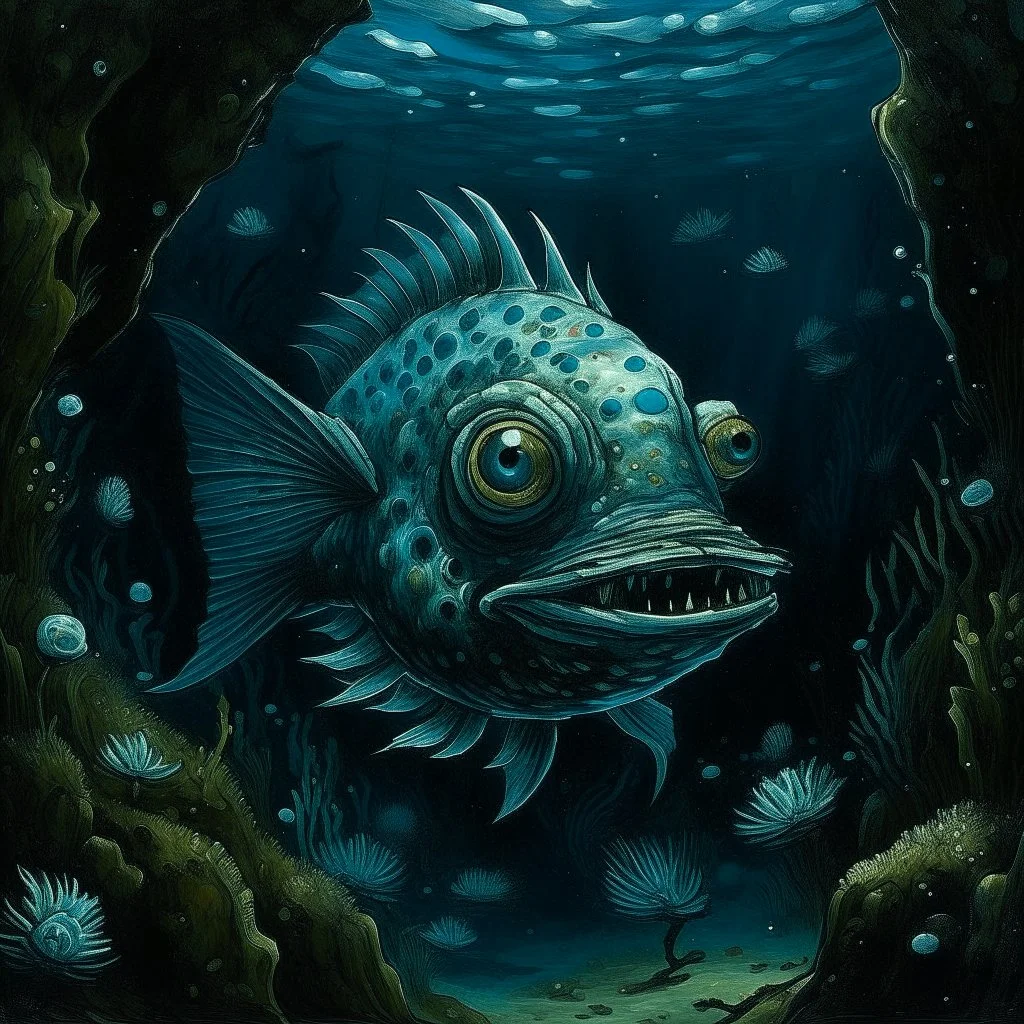 A dark bluish teal underwater abyss with angler fish painted by Vincent van Gogh