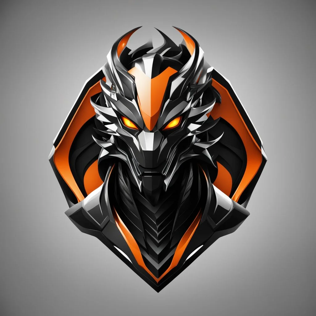 Front logo. 3D. Black, orange and white palette Dragman dragón man in artistic style