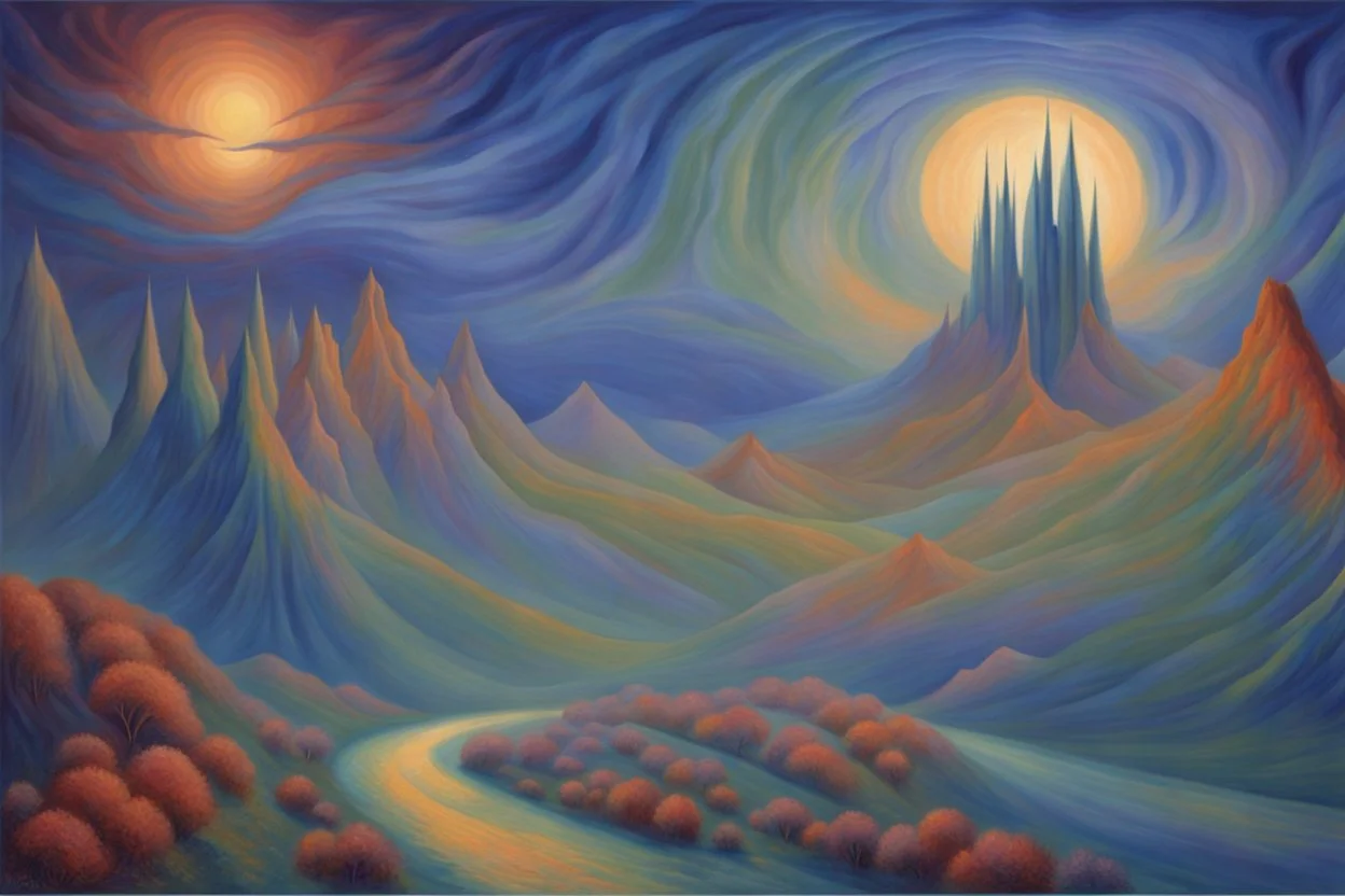 a noctilucent landscape in futurism style, vibrant beautiful award by artist "Umberto Boccioni"by artist "Leonora Carrington",by artist "Guy Orlando Rose"