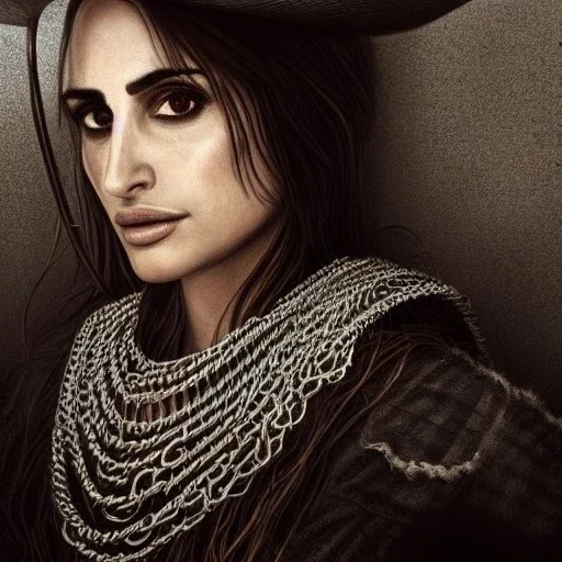 best quality, realistic lighting, masterpiece portrait of Penelope Cruz, details, light dusting of freckles, cowboy shot from above, simple chain hauberk, warhammerVector art matte painting digital illustration 3D shading CryEngine Behance HD 3Delight