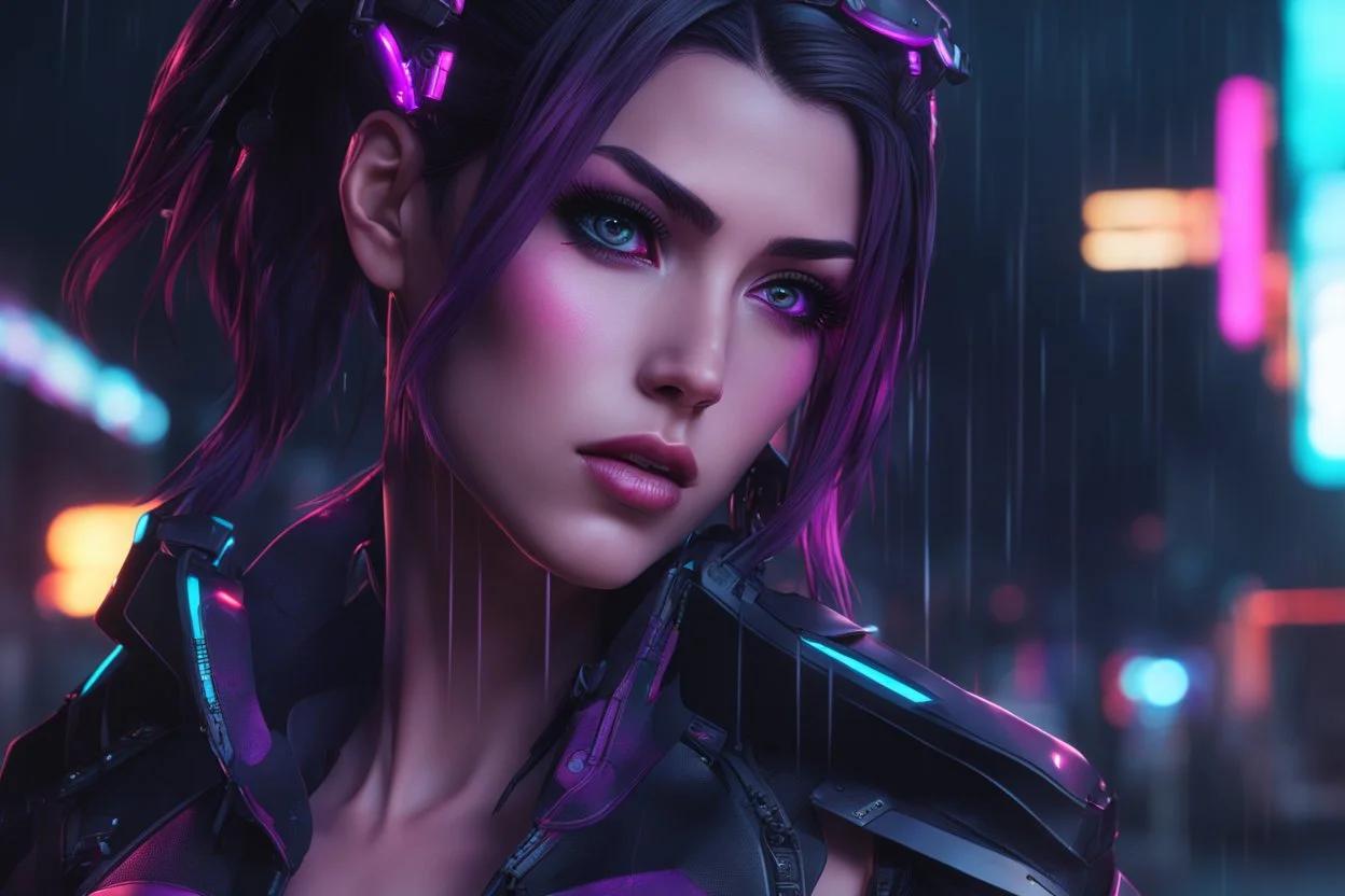 Widowmaker in 8k anime cgi artstyle, cyberpunk them, neon effect, close picture, rain, apocalypse, intricate details, highly detailed, high details, detailed portrait, masterpiece,ultra detailed, ultra quality