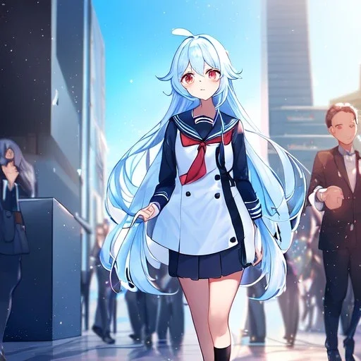 Clear focus, High resolution, long fluffy light blue hair, hair between eyes, long locks, wearing a sailor uniform, wearing a sailor skirt, long black socks, 1girl, cartoon, cute, UNFOTABLE studio, red tie, walking, outside setting