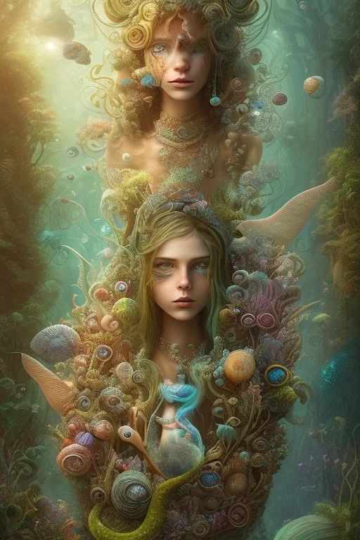 Alexander Jansson. Cinematic rendering portrait of Mermaids, glittering seashells, magical world, colorful hair