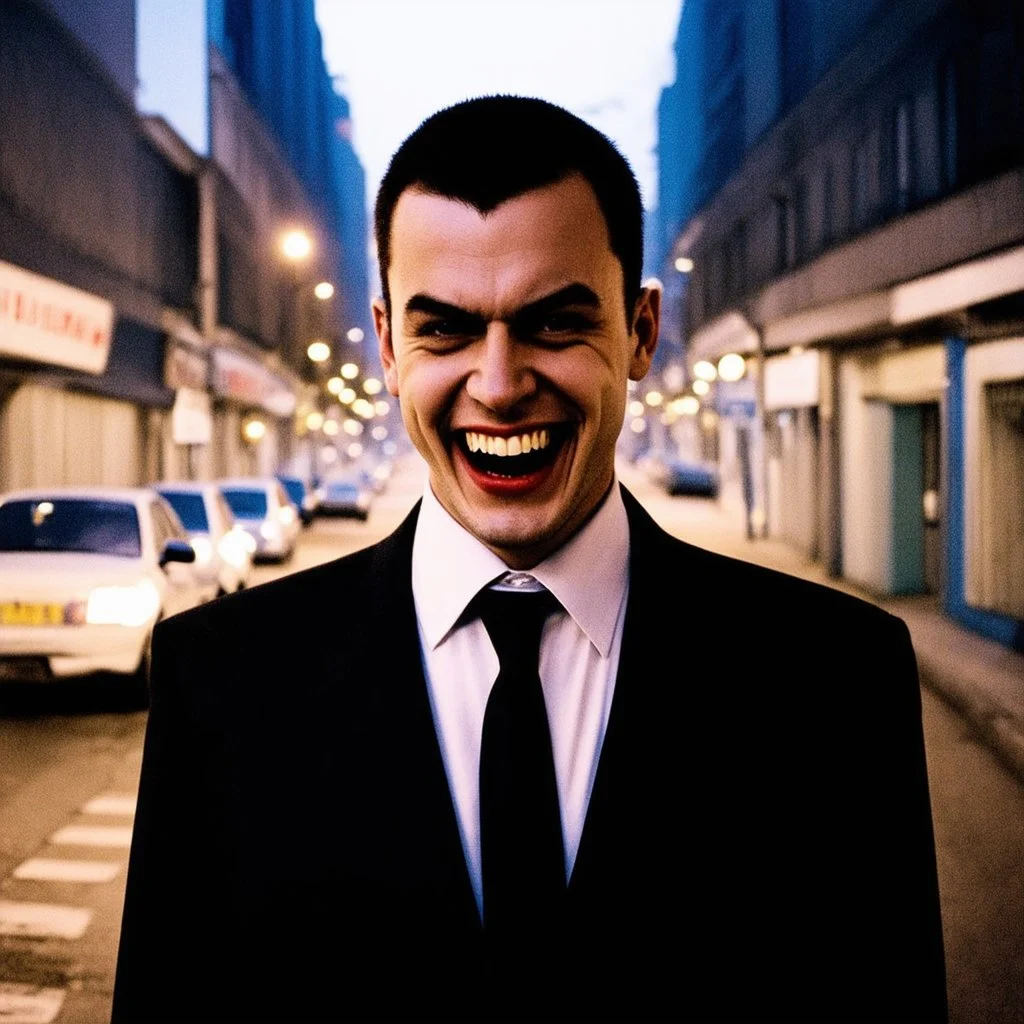 very grainy discolored photo, face portrait, empty night street, grunge, 2000s Russia, man in a nice suit, extremely gaunt, haughty, dangerous smile, perfect looking, striking features, face of a vampire, inhuman