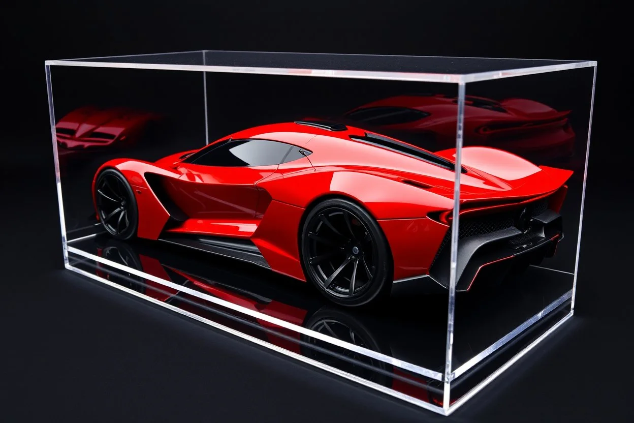 SUPER RACING CAR, EXOTIC, SUPER SPORT, CONCEPT CAR, ELECTRIC, BIG WHEELS, RED COLOR CHERRY, BLACK BACKGROUND, into a acrylic box