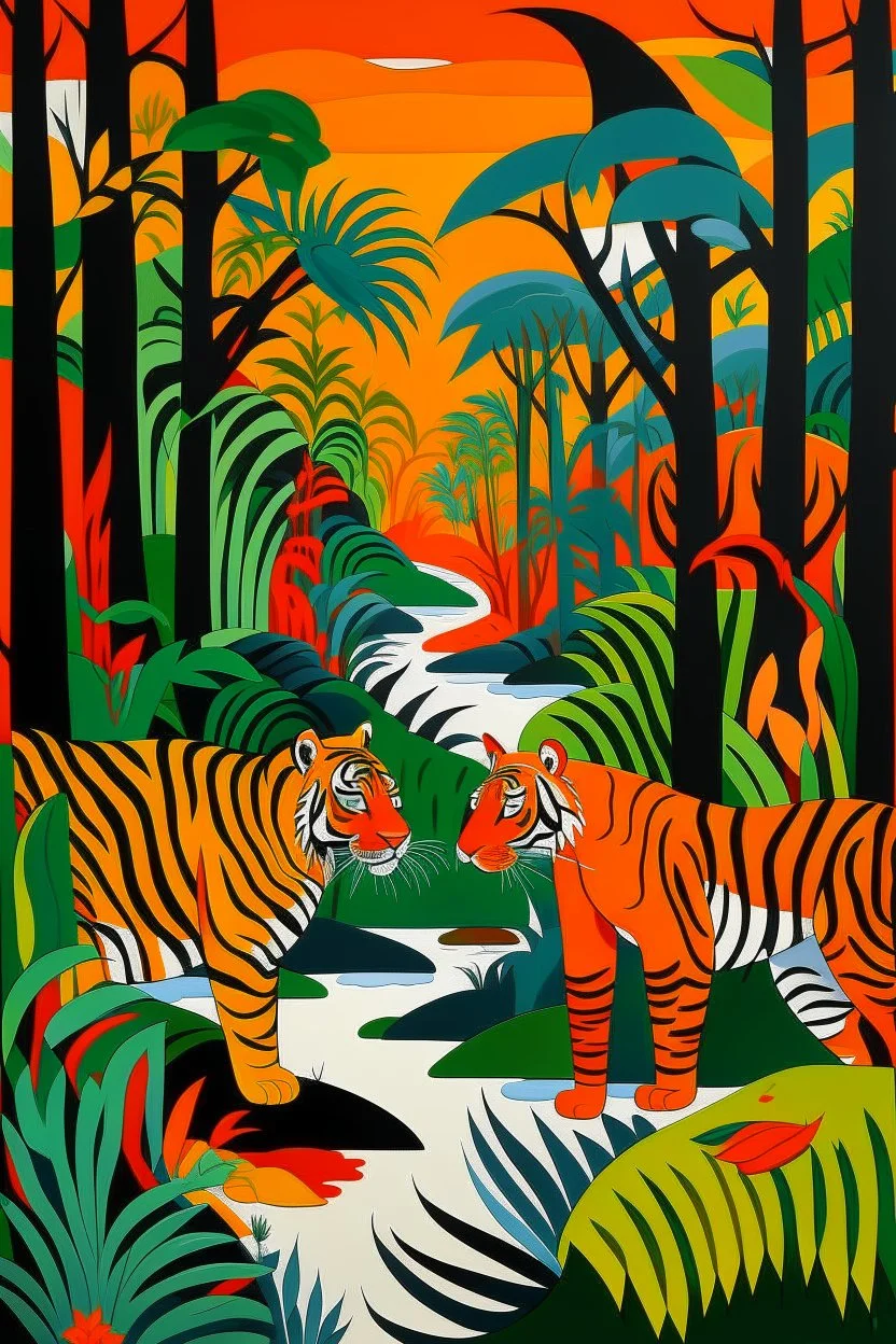An orange colored jungle with devilish tigers and an acid lake painted by Stuart Davis