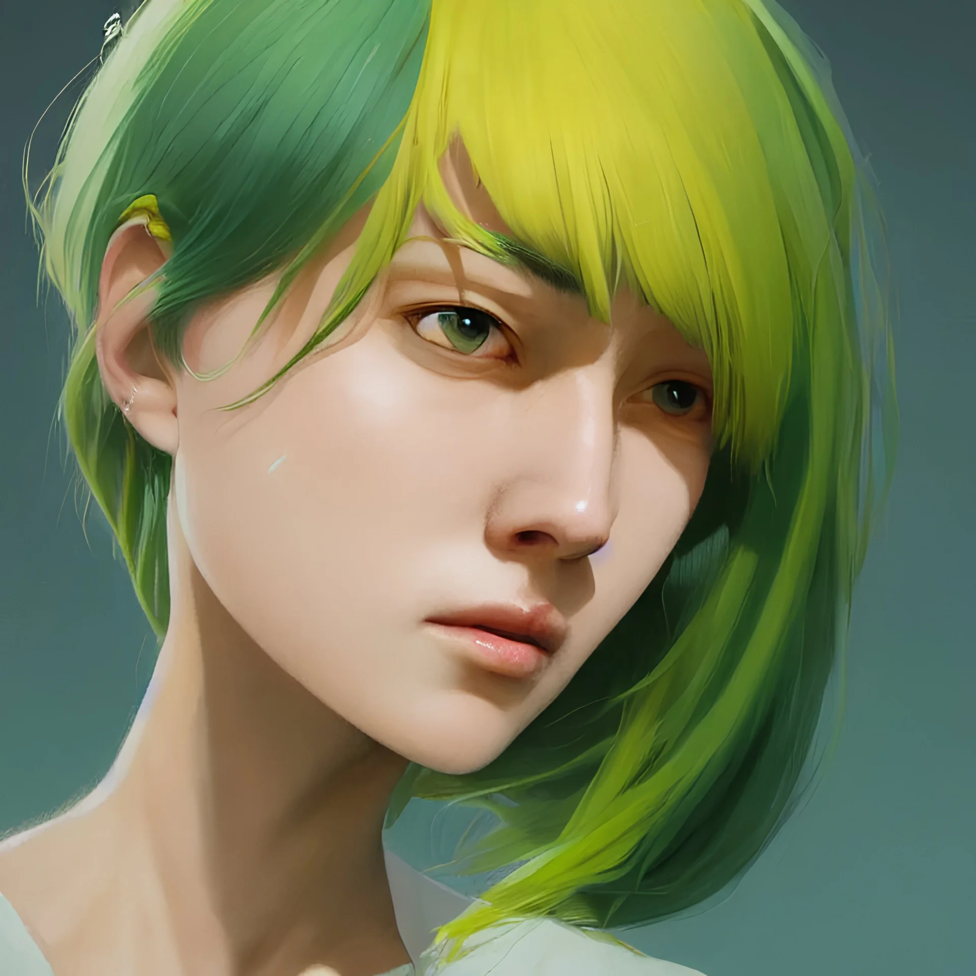 8k 4d photo realistic Highly detailed portrait of stunningly beautiful woman, green and yellow hair, Atey Ghailan, by Loish, by Bryan Lee O'Malley, by Cliff Chiang, by Greg Rutkowski, inspired by image comics, potrait illustration