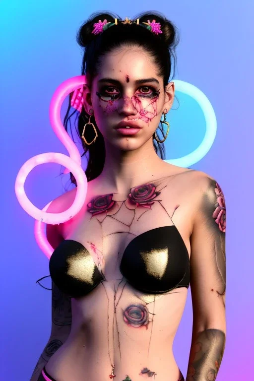 Ultra Realistic image, Rosalía artist, portrait, waist up portrait, black eye line, roses tattoos, gold pink and blue geisha style, spray line make up, geometric, led lights, neon, rings piercing, led ornament, fog, bubble latex coat, vibrant color, highly detailed, art stations, concept art, smooth, unreal engine 5, god rays, ray tracing, RTX, lumen lighting, ultra detail, volumetric lighting, 3d, finely drawn, high definition, high resolution.