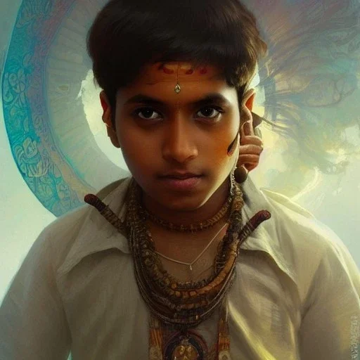  Indian mystical boy , cute, beautiful, cinematic, 8k, resolution concept art portrait by Greg Rutkowski, Artgerm, WLOP, Alphonse Mucha dynamic lighting hyperdetailed intricately detailed
