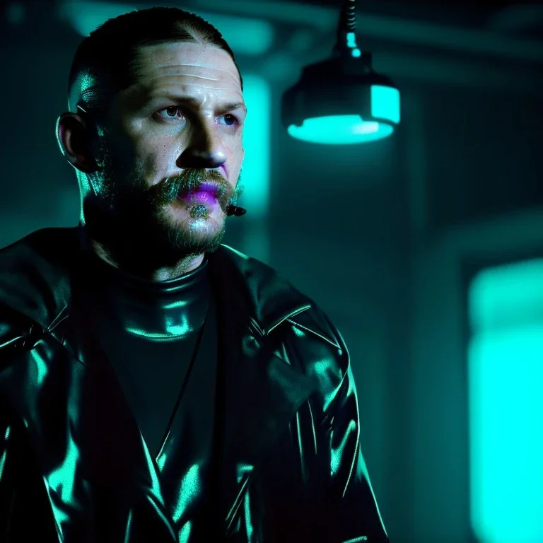 Actor, tom hardy, blade runner style, rain, fog, neon ambient, gradient color, clean skin, circuits, latex coat, cyber punk, neon, tubes, portrait, studio photo, unreal engine 5, smooth color, 16 bit, god lights, ray tracing, RTX, lumen lighting, ultra deatail, volumetric lighting, 3d, finely drawn, hd.