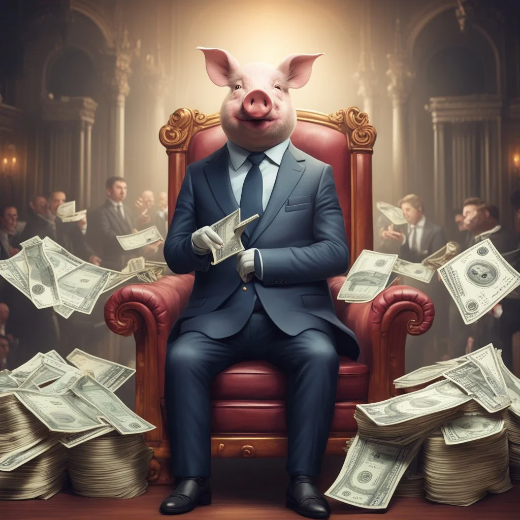 rich pig in suit on a throne making stacks of money by making a deal with a buisnessman. background of musicians