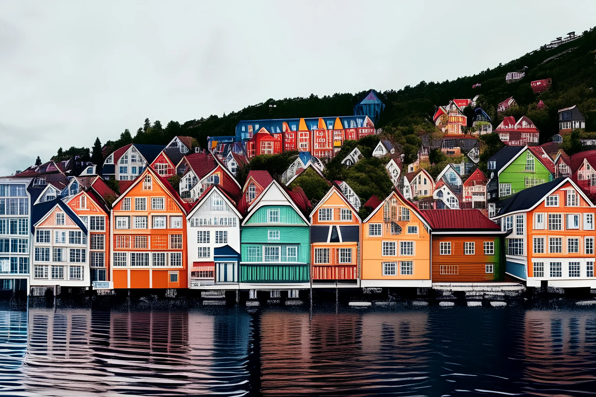 Colored pencil drawing, Very detailed, Drawing of the colorfull houses in the city Bergen in Norway. Colorfull, professional, detailed, pencil strokes, calm composition, zoom out.