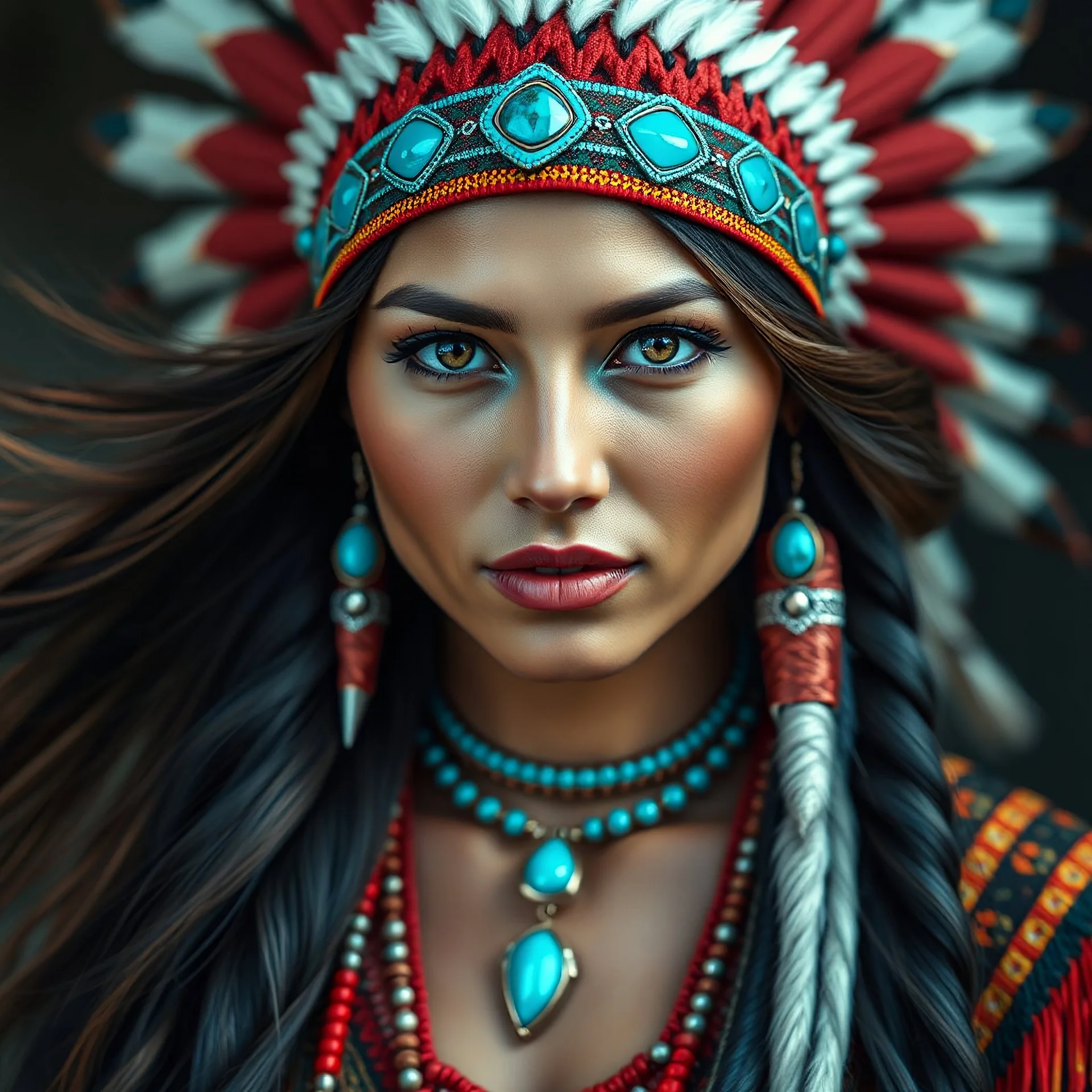 A hyper-realistic photo, Beautiful Native American woman with long flowing hair wearing a Native American head-dress, turquoise jewelry, vibrant colors,, 64K, hyperrealistic, vivid colors, (glow effects:1.2) , 4K ultra detail, , real photo