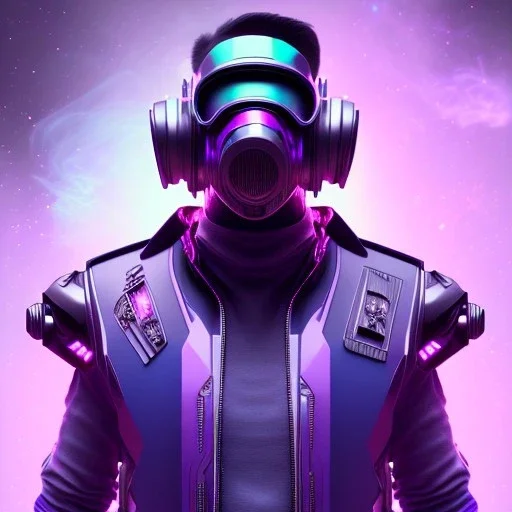 cyberpunk purple masked villain in galaxy, teal and purple smoke, detailed, realistic, 4k