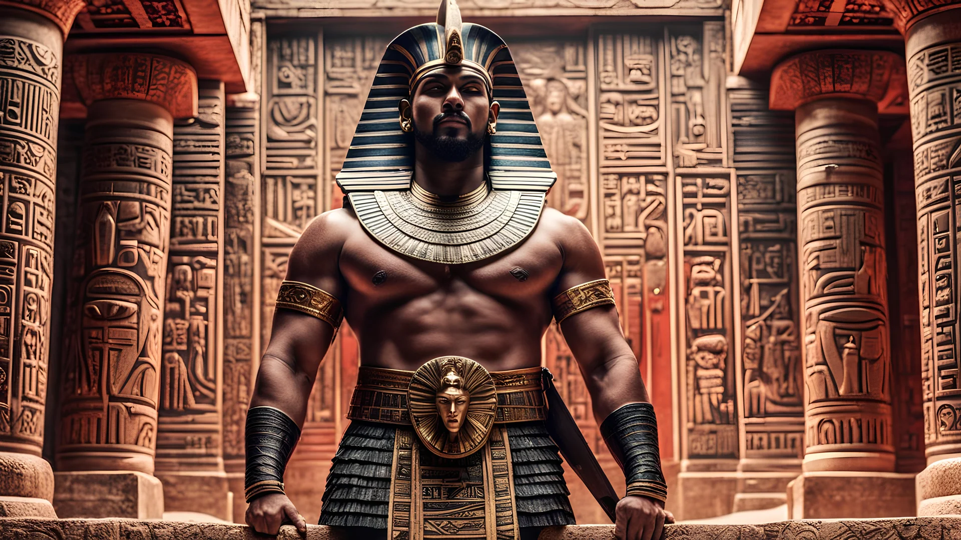 solo Egyptian muscular god with animal head wearing Egyptian armor & clothing, imposition of Egyptian hieroglyph, using (duotone black & red color palette:1.34), natural lighting, (background of Egyptian architecture and decorations),[abstraction], cinematic IMAX, intricate details, highest quality, 8k, RAW photo, UHD, HDR, focused, sharp